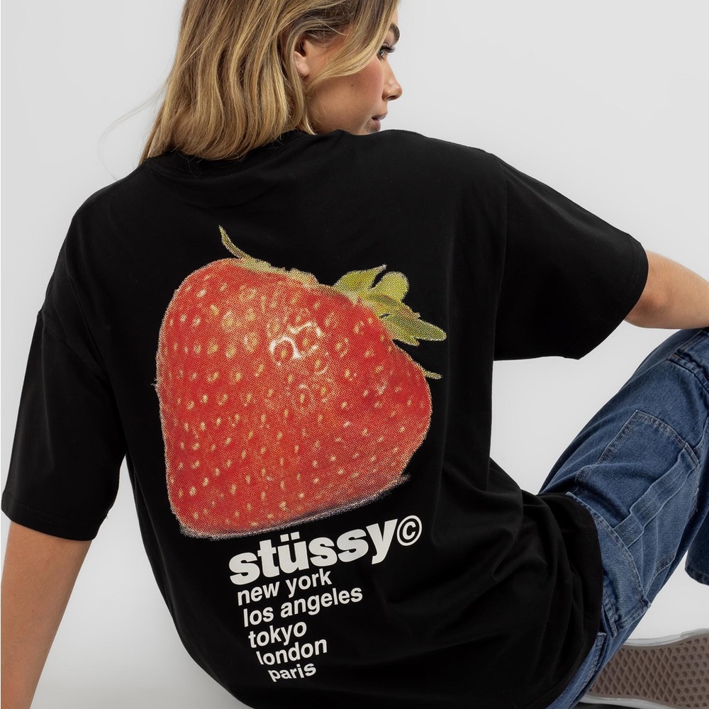 NEW Stussy Black Tee with Large Red Strawberry Graphic